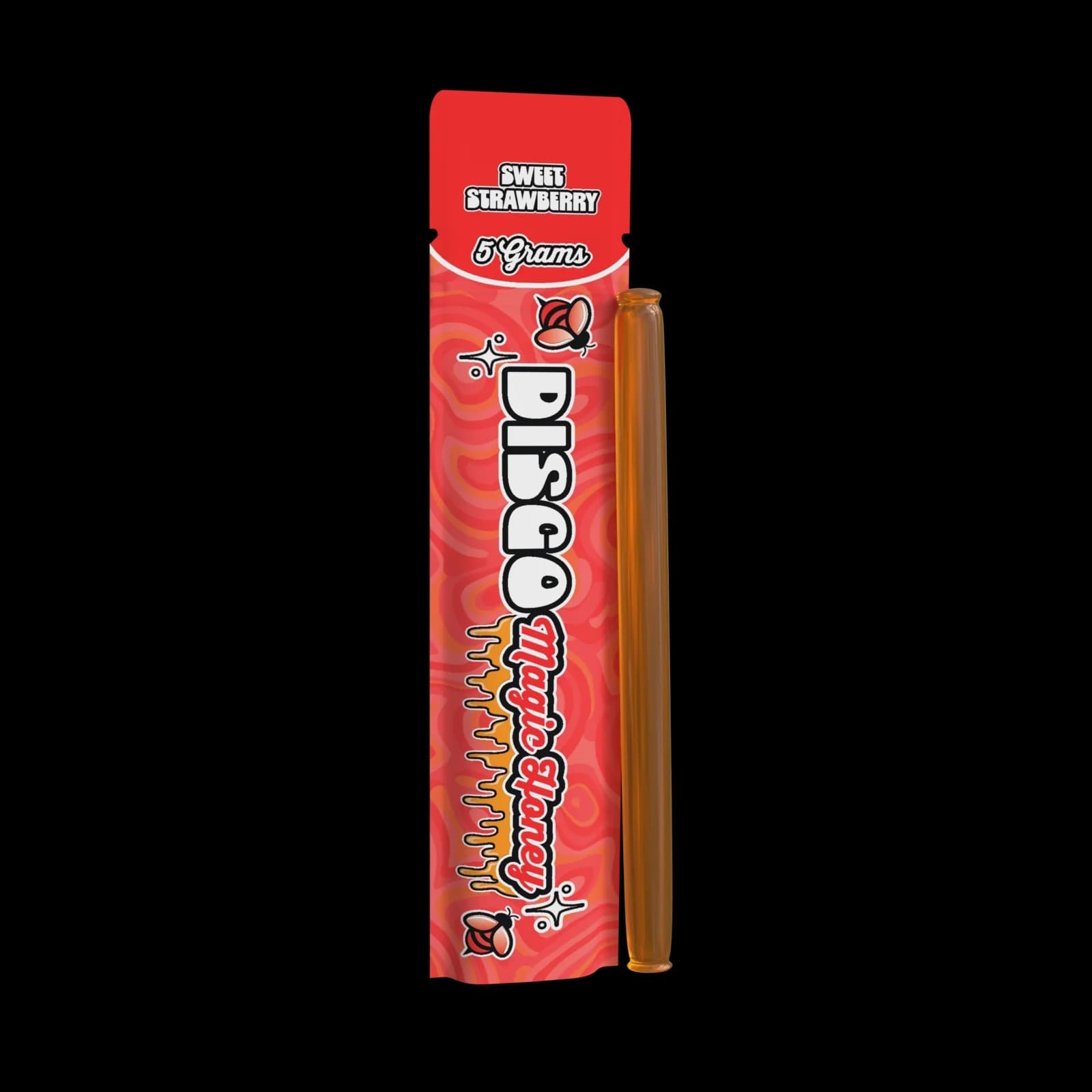 Packaging for Disco Honey Displays labeled Sweet Strawberry, with 5g net content. The design features swirling red patterns and a cartoon bee, with bold, vibrant fonts. A small vial is attached to the package. Vapehub acworth, Georgia